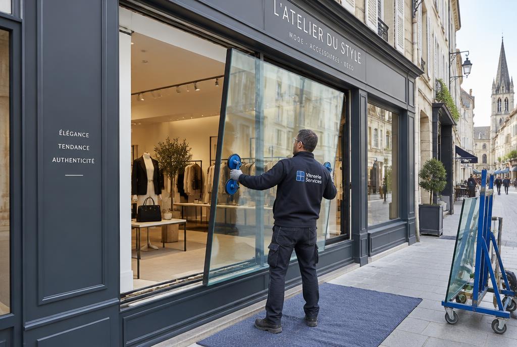 Un vitrier remplaçant la vitrine d’un magasin en centre-ville